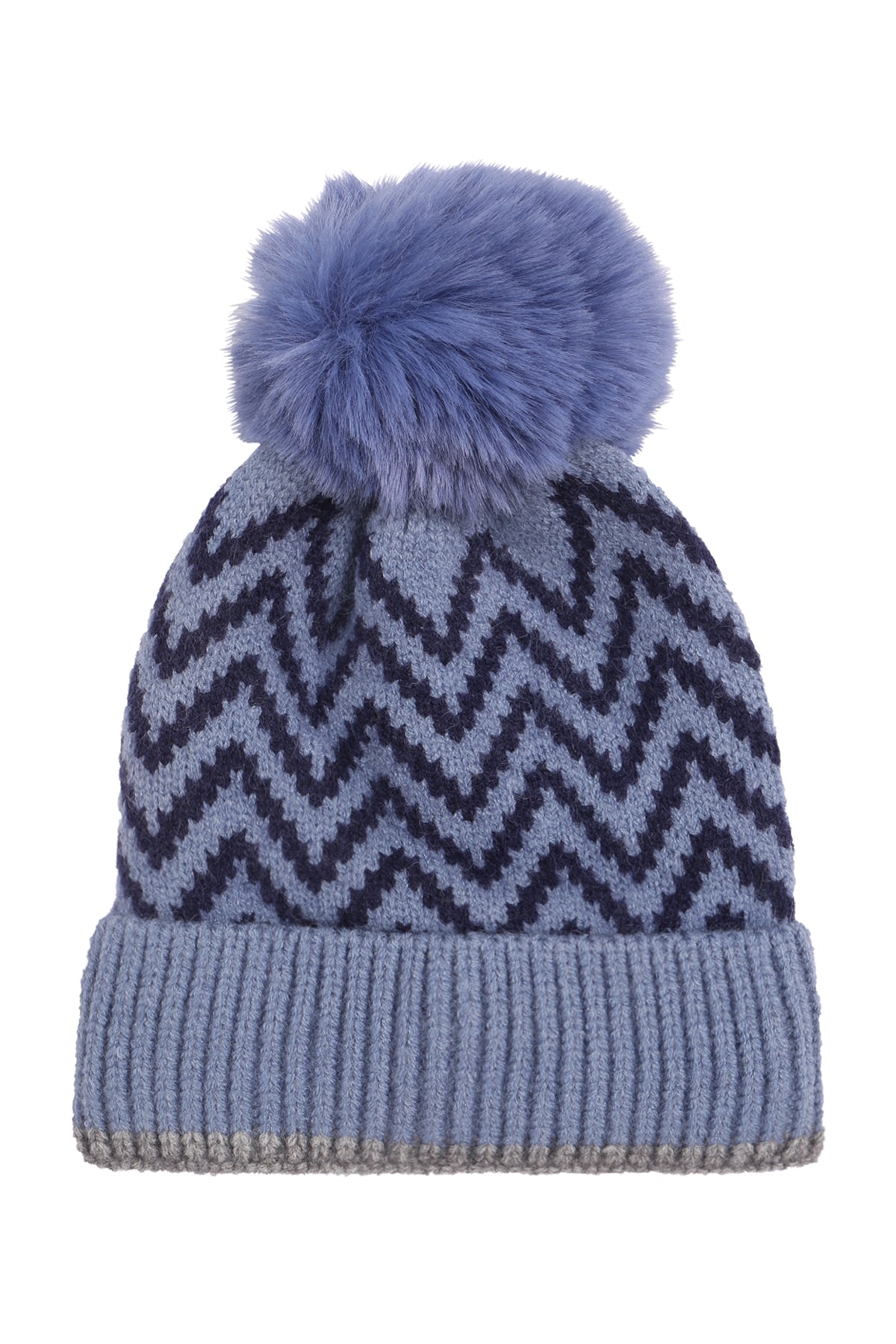 Blue Knitted Chevron - Patterned Pompom Beanie Set of 6