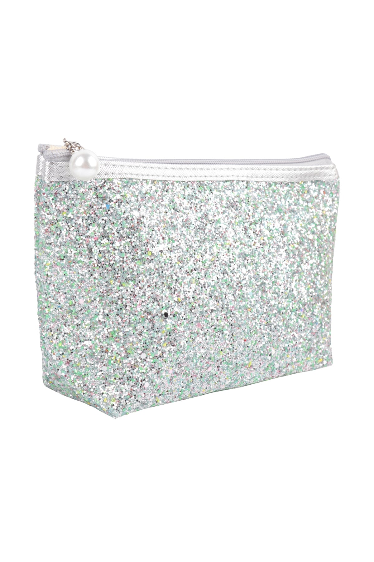 Set of 6 White Glittery Cosmetic Pouch Bags