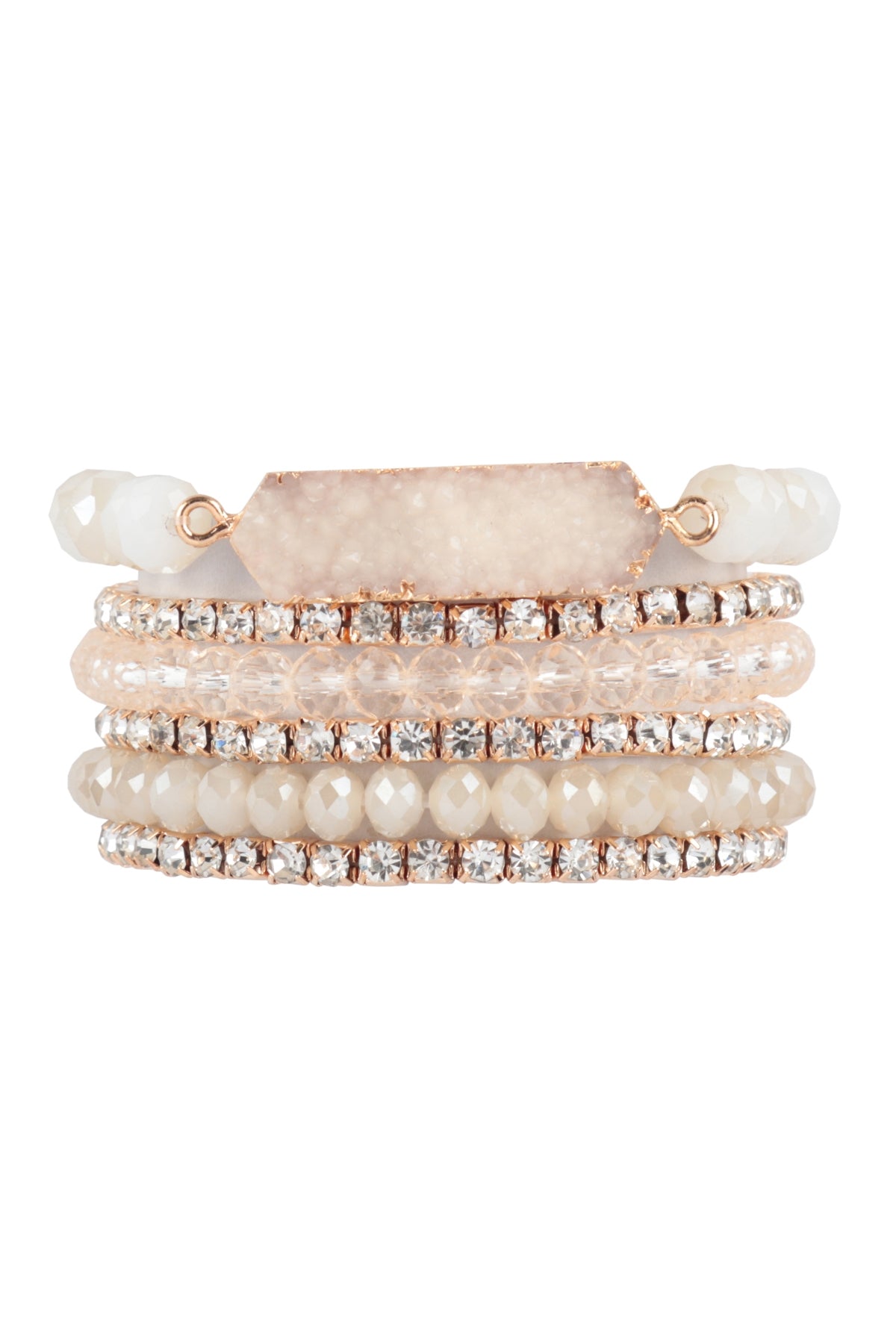 Ivory Druzy, Rhinestone, and Rondelle Beads Mixed Stackable Bracelet Set - Pack of 6 Pieces