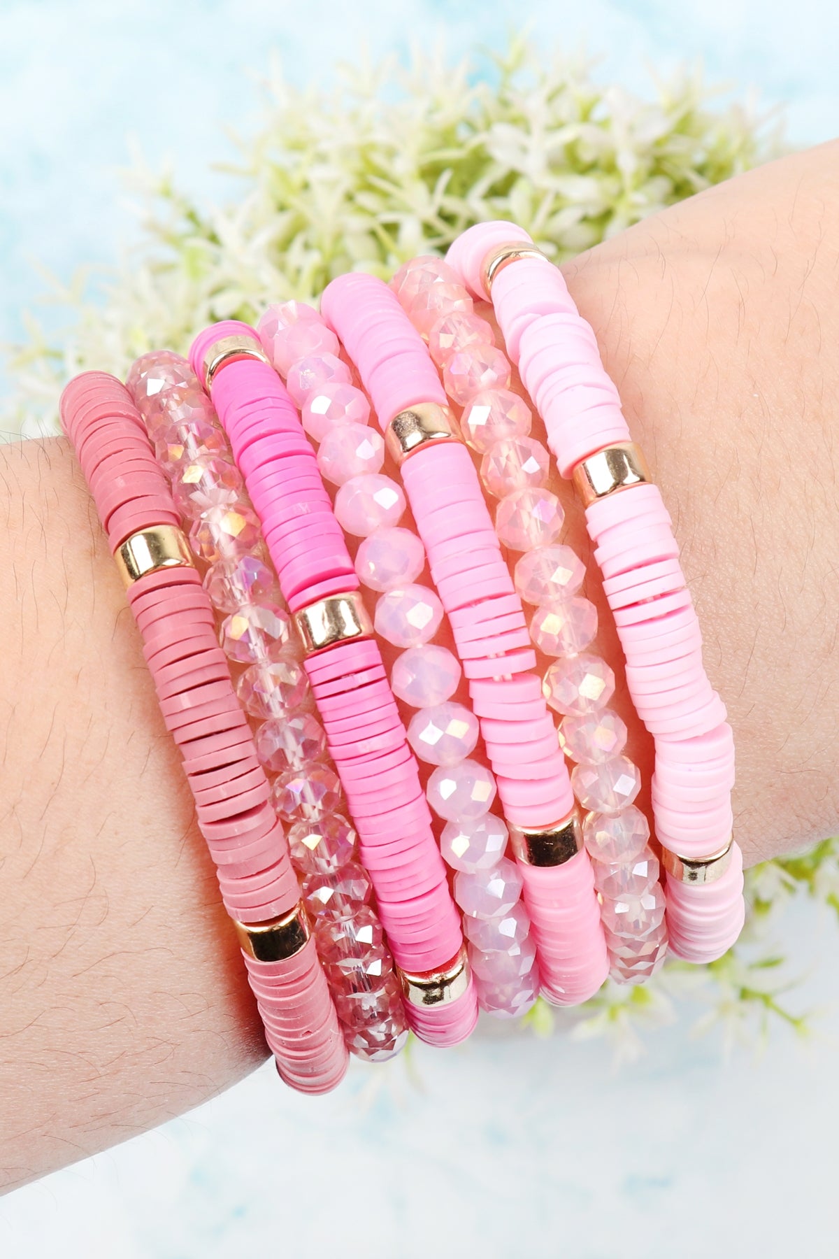Fashionable Light Pink Multi - Line Ring Beaded Bracelet Set - Pack of Six Pieces