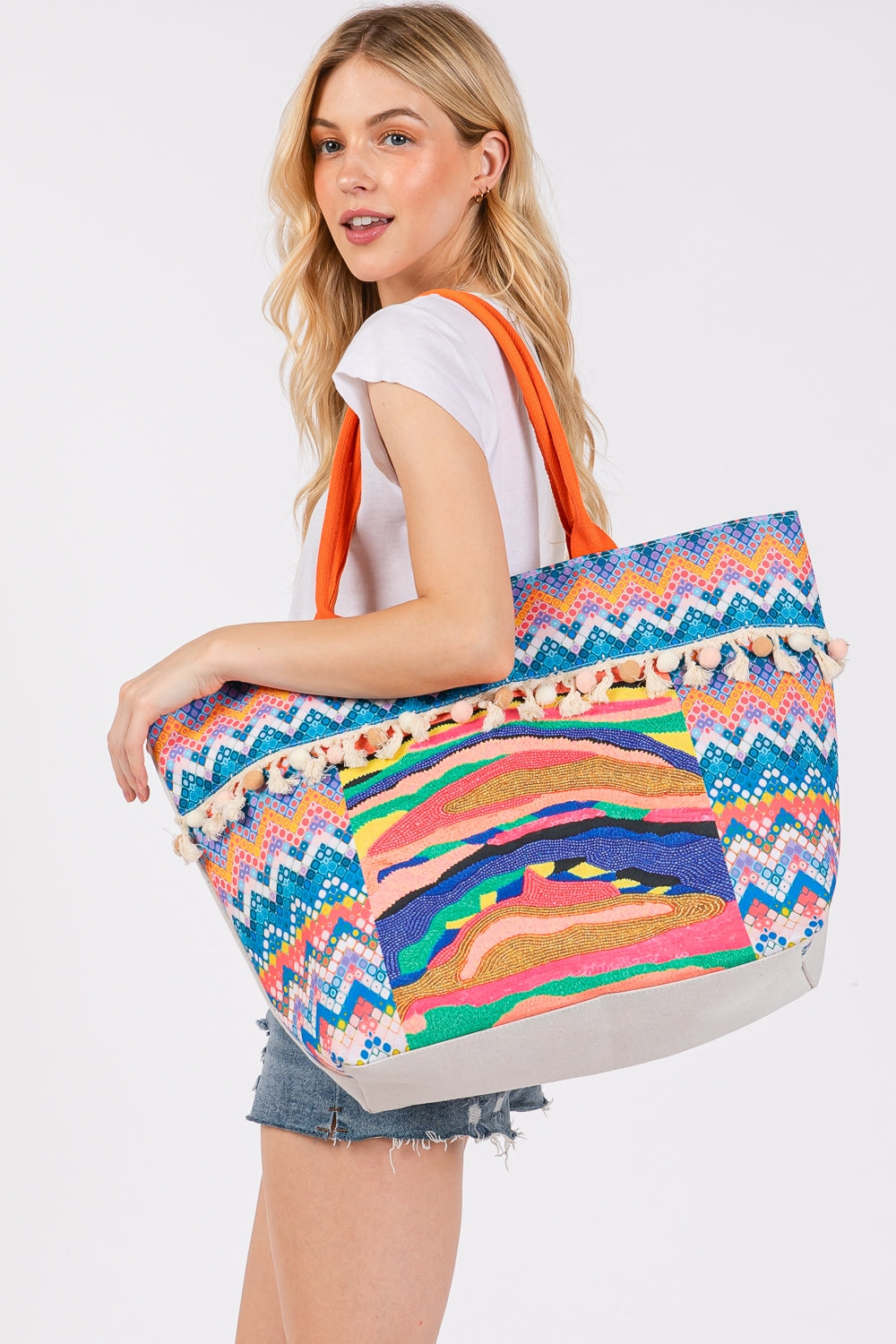 Orange Boho Style Printed Pom Pom Fringe Tote Bags with Zipper Closure - Pack of Six, Ideal Fashion Accessory