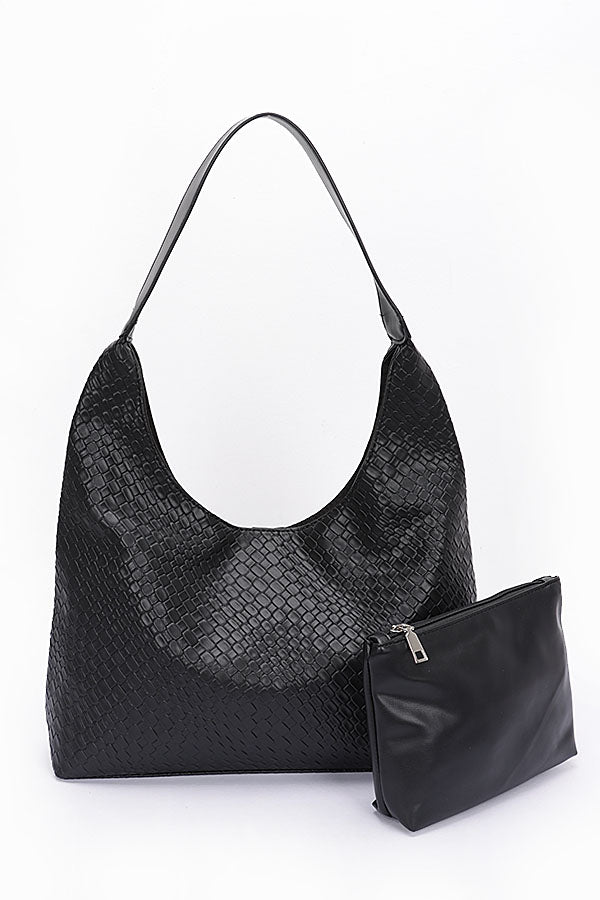 Set of 3 Black 8711 Embossed Faux Leather Shoulder Bags