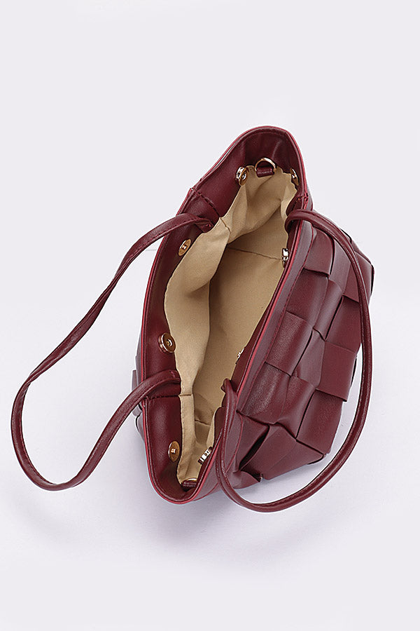 0526 Camel Faux Leather Braided Tote Bag - Set of 3