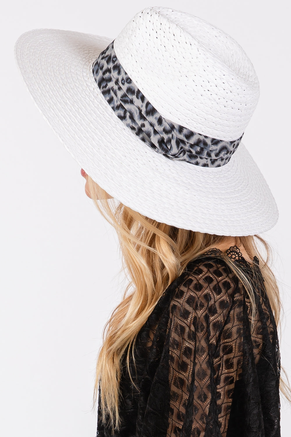 White Leopard Band Straw Sun Hats - Set of 6 Pieces for Sun Protection