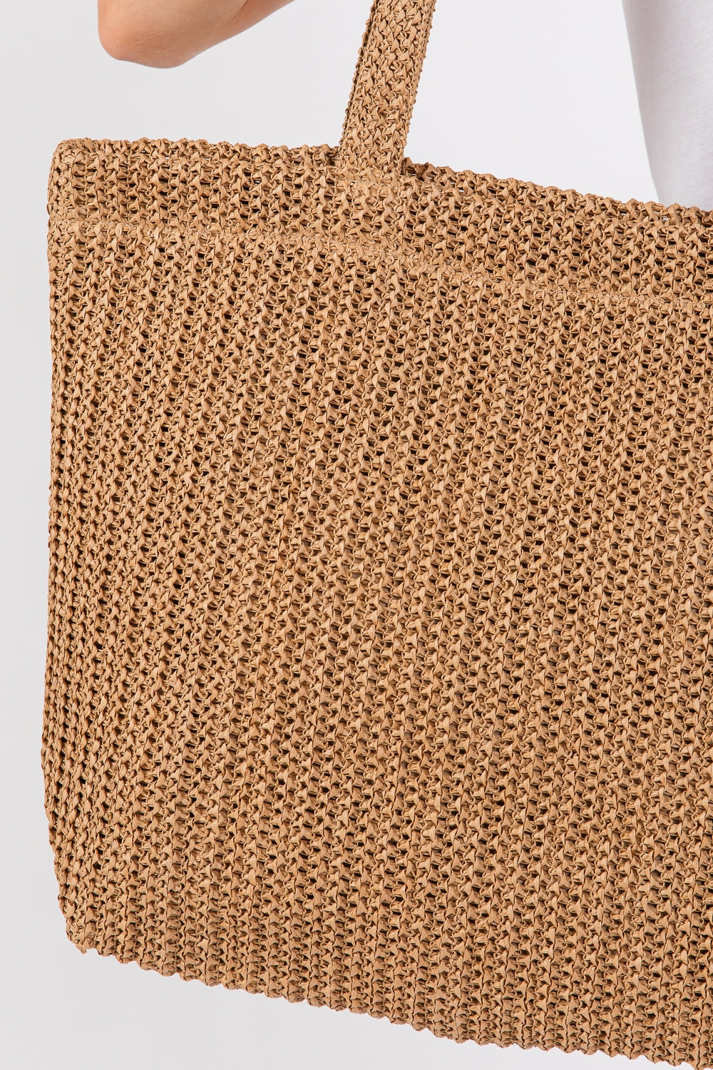 Set of 6 Taupe Solid Crochet Straw Handbags with Zipper Closure and Inner Pocket