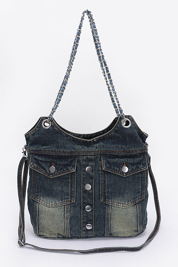 Set of 3 Stylish 1711 Dark Blue Metallic Braided Tote Bags