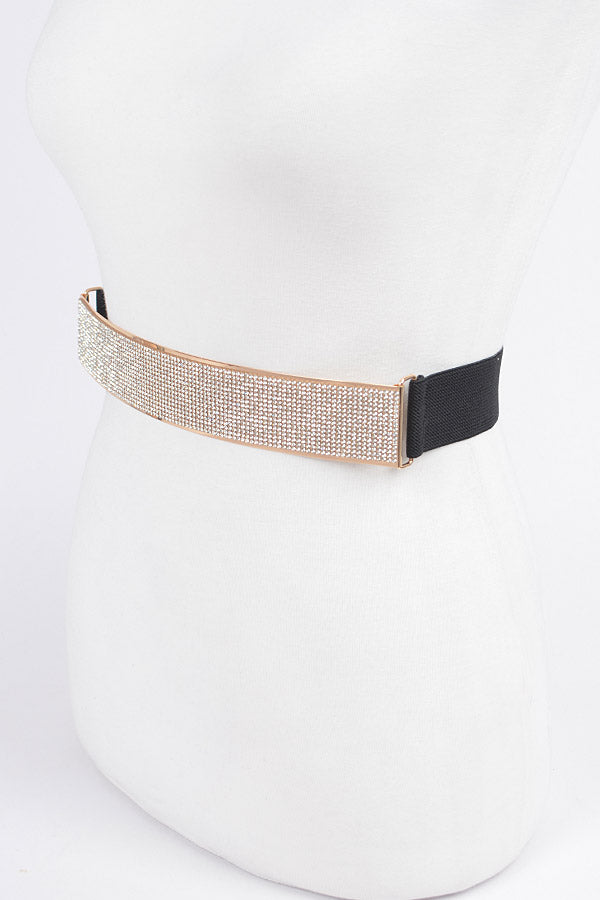 Set of 6 Rhinestone Metal Plate Elastic Belts in Black and Gold Color Scheme