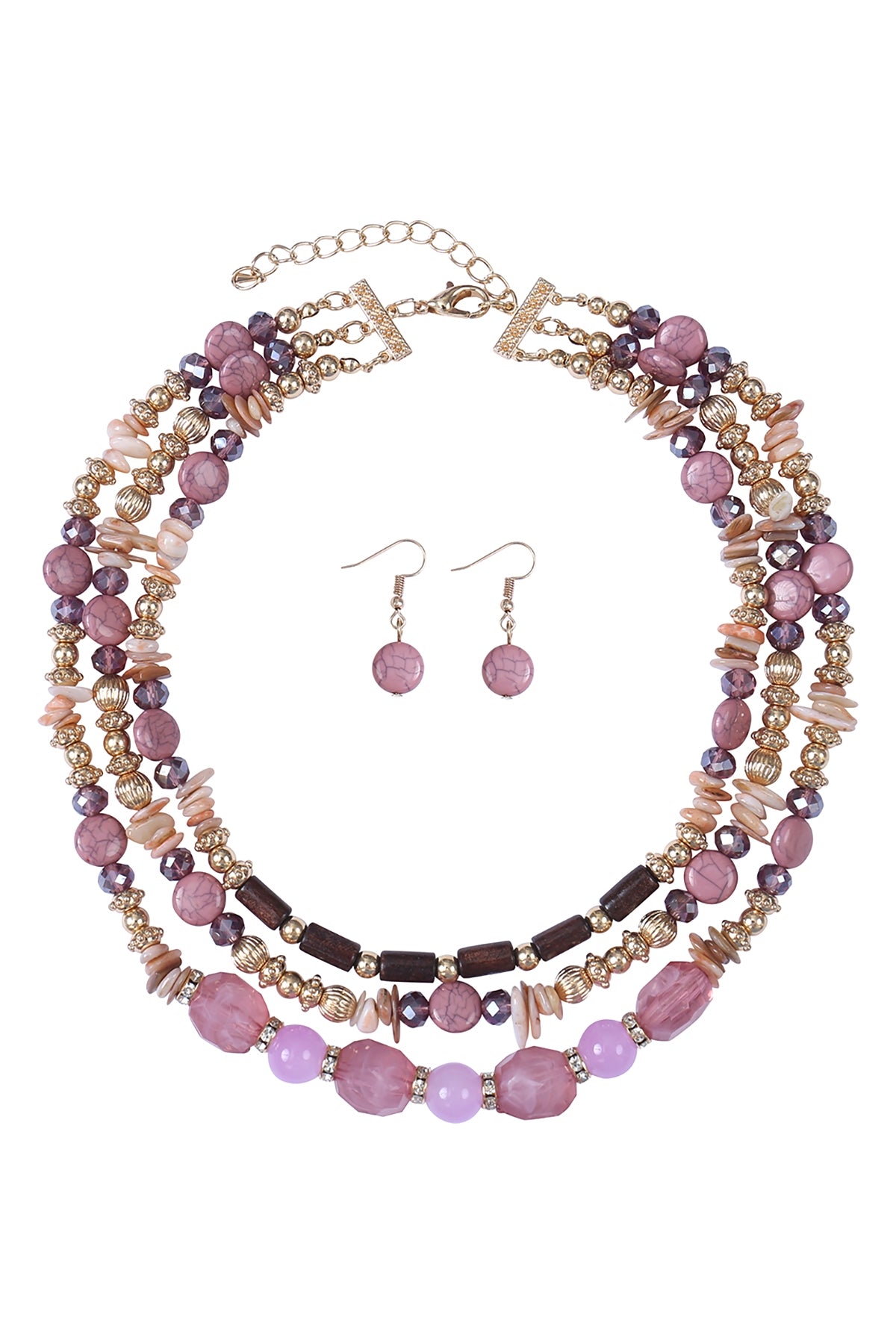 Lavender 3-Layered Natural Stone Mix Beads Necklace and Earring Set - Pack of 6