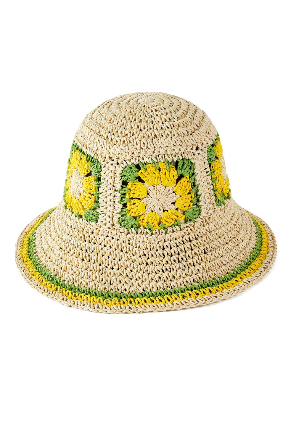 Yellow Floral Crochet Straw Material Bucket Hat - Set of Six Pieces