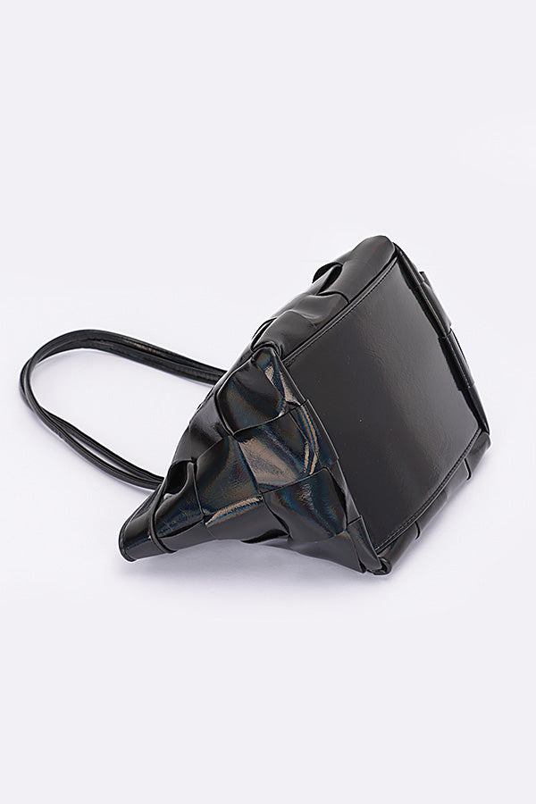 Set of 3 Stylish Black 9426 Faux Metallic Leather Tote Bags