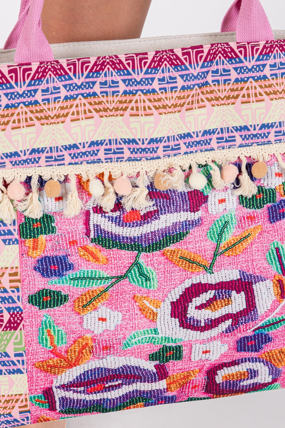 Pink Boho-Print Tote Bags with Pom Pom Fringe and Zipper Closure - Pack of 6