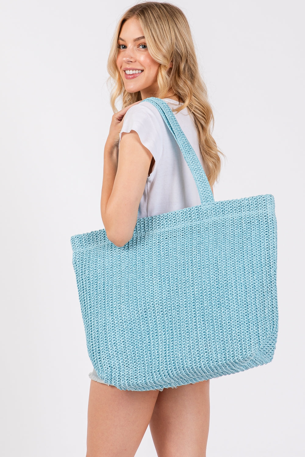 Blue Solid Crochet Straw Bags with Zipper Closure and Inner Pocket - Set of 6