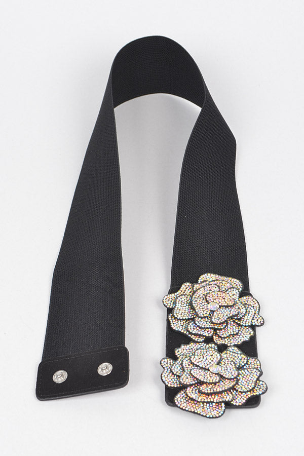 Black AB Stone Flower Elastic Belt - Pack of 6