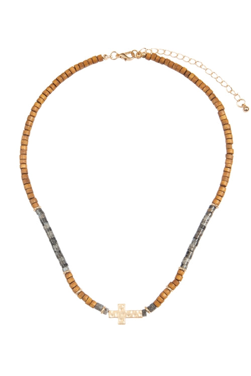 Black Cross Pendant Necklace Made of Wood and Natural Stone - Pack of Six Pieces