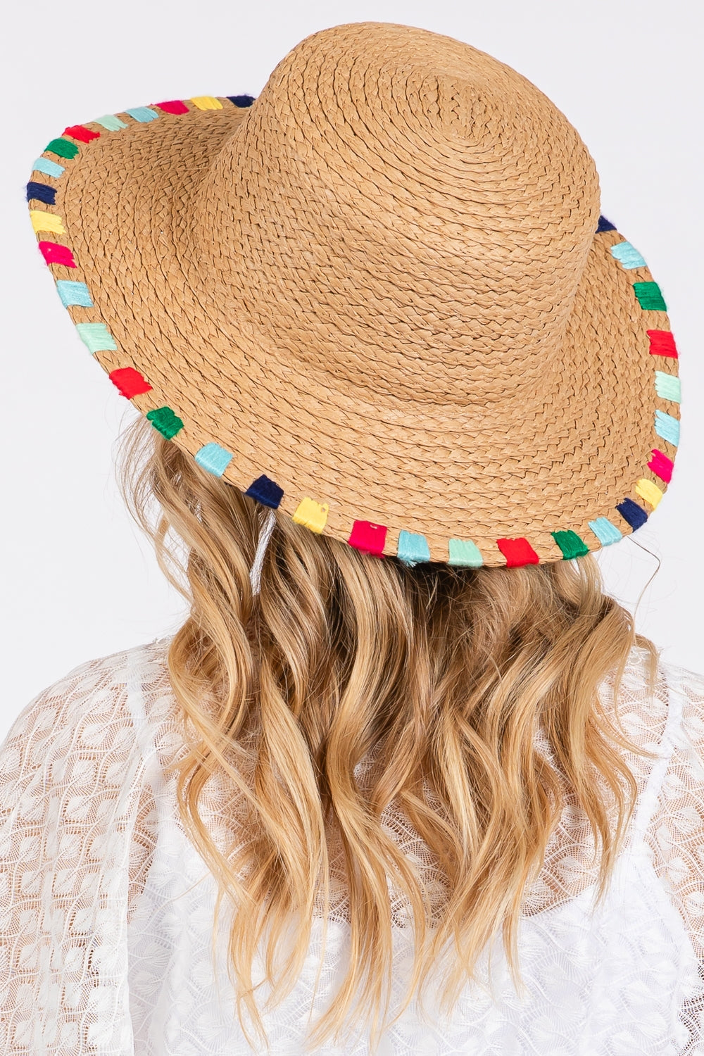 Multi - Colored Wide - Stitched Trimmed Straw Sun Hat in Taupe Color - Pack of Six Pieces