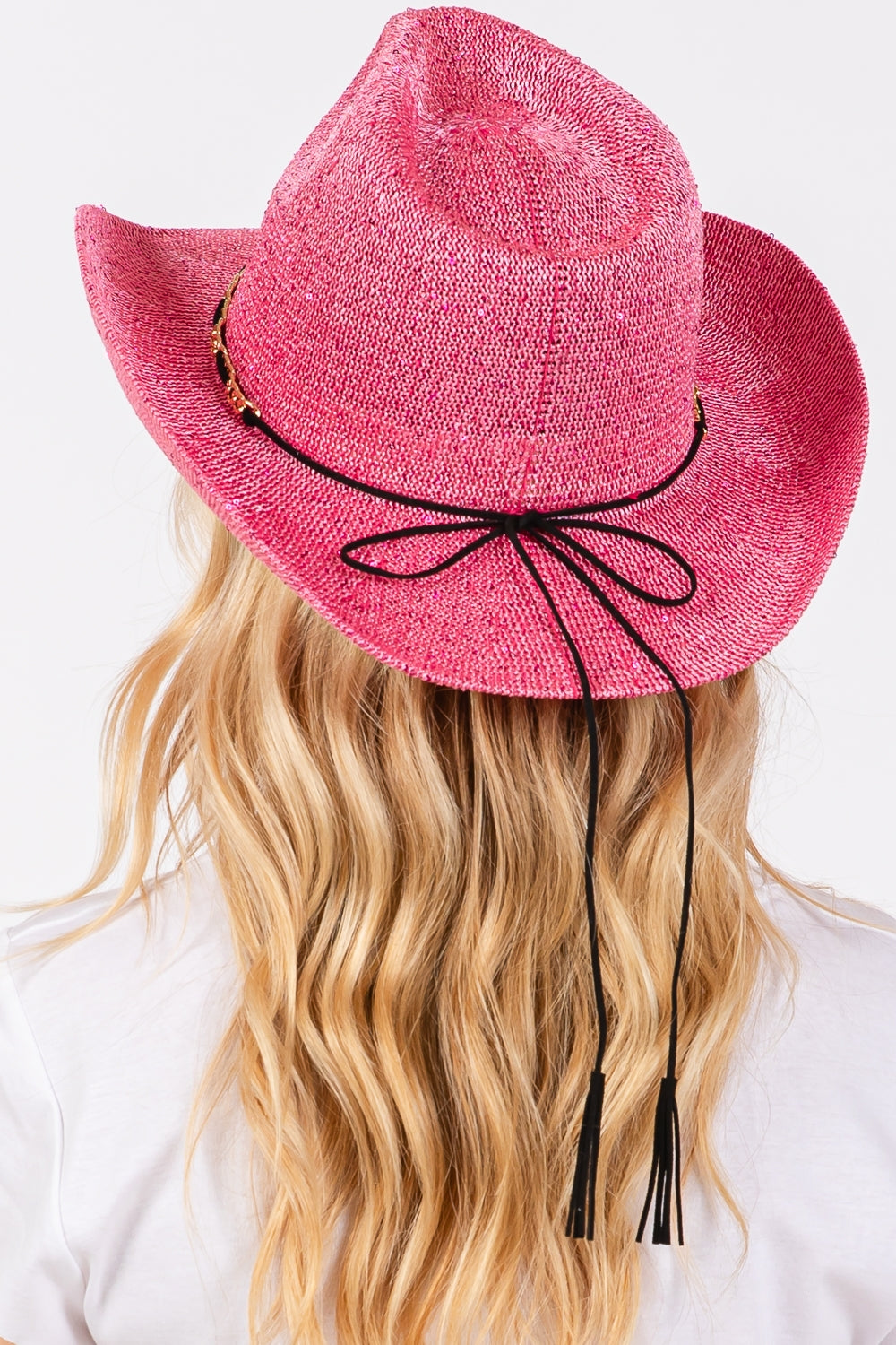 Hot Pink Sequin Cowboy Hats with Metal Chain and Suede String Band - Pack of 6