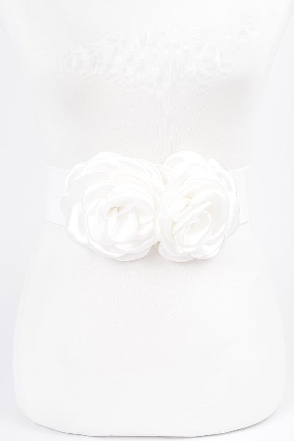 Set of 6 Double Satin Flower Elastic Belts in White - Style 8678
