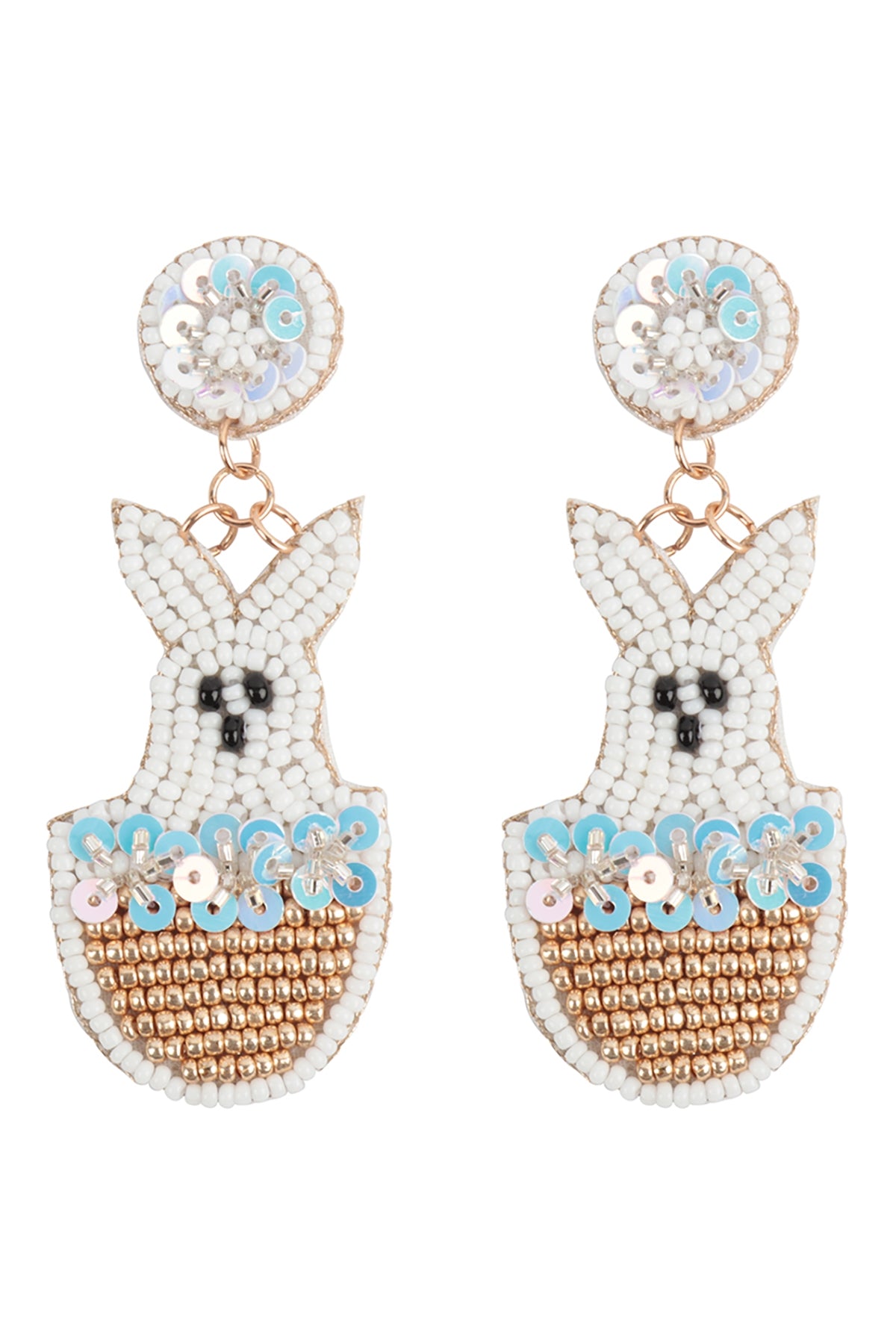 Easter-themed Rabbit Basket Design Seed Bead Drop Earrings in White and Multicolor - Set of Six Pieces
