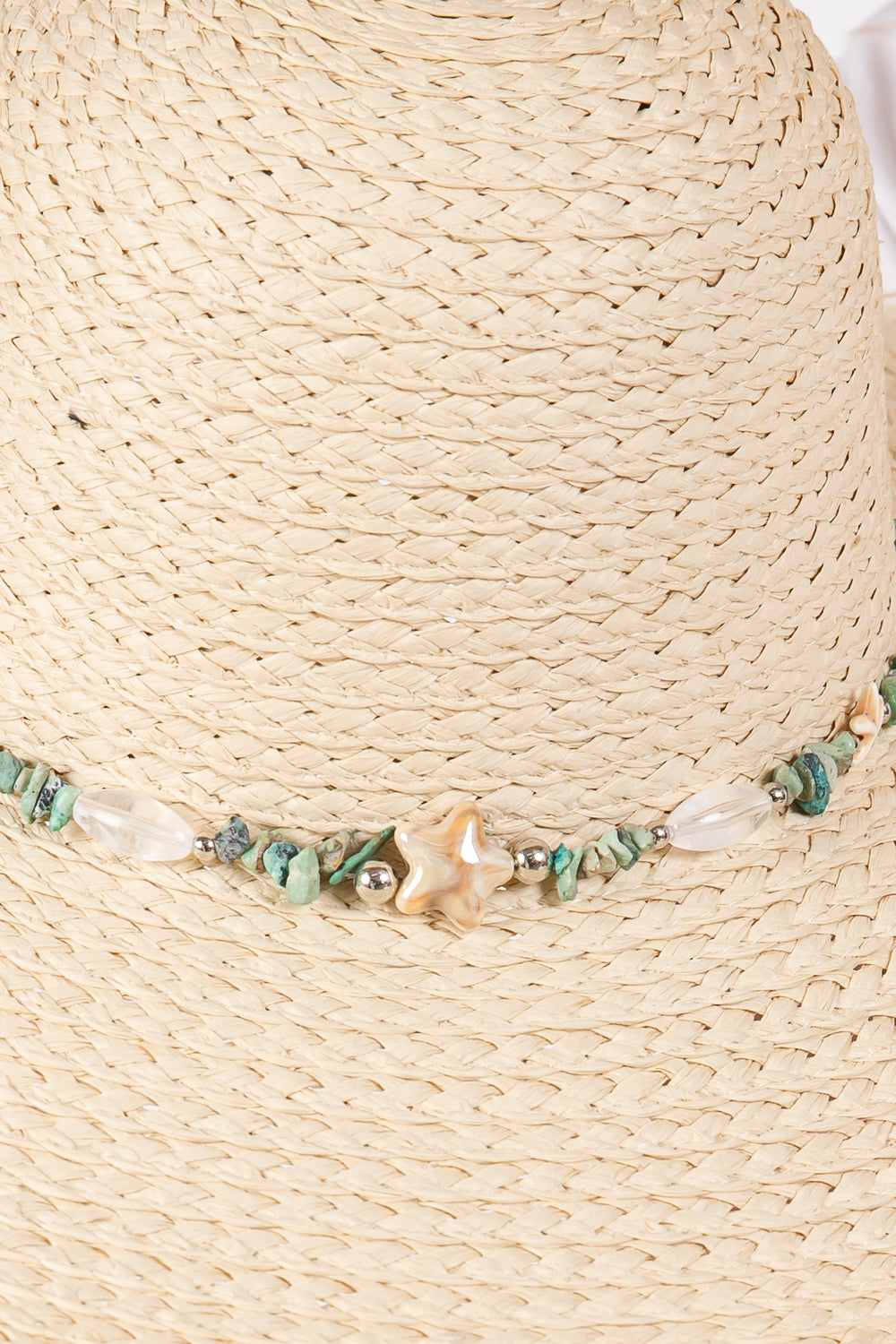Pack of 6 Beige Wide-Brimmed Floppy Sun Hats with Turquoise Gemstone and Starfish Decorative Band