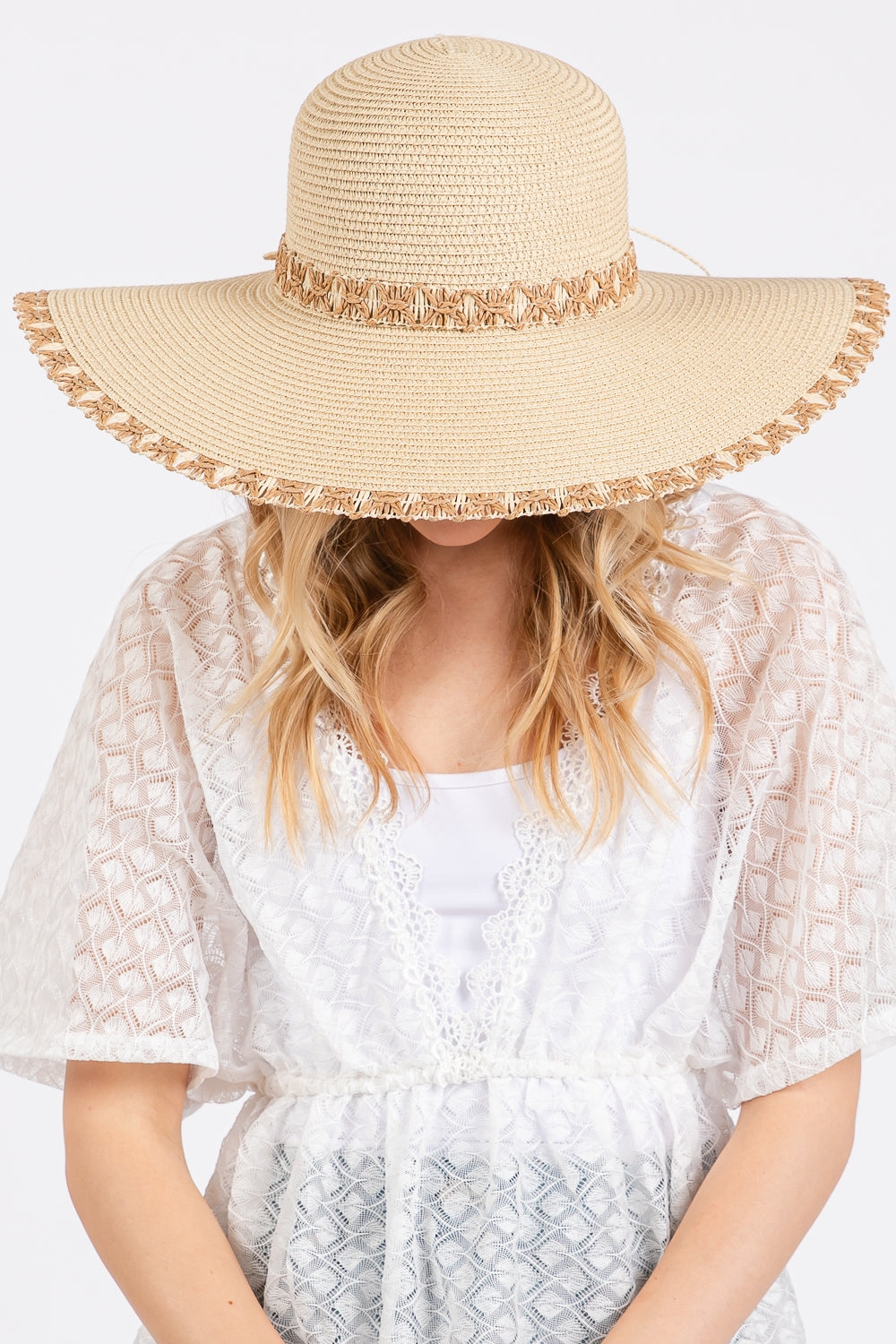 Beige Wide Brim Floppy Straw Hat with Edge and Woven Details - Pack of 6