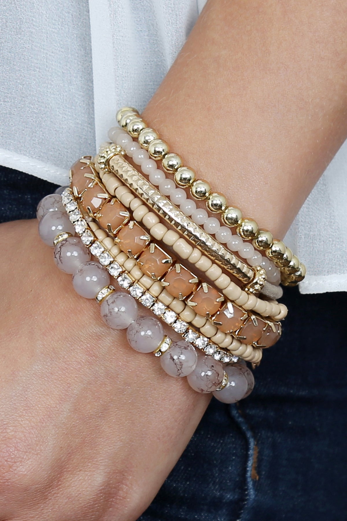 6-Piece Pack of Light Brown Multicolored Stretch Bracelets