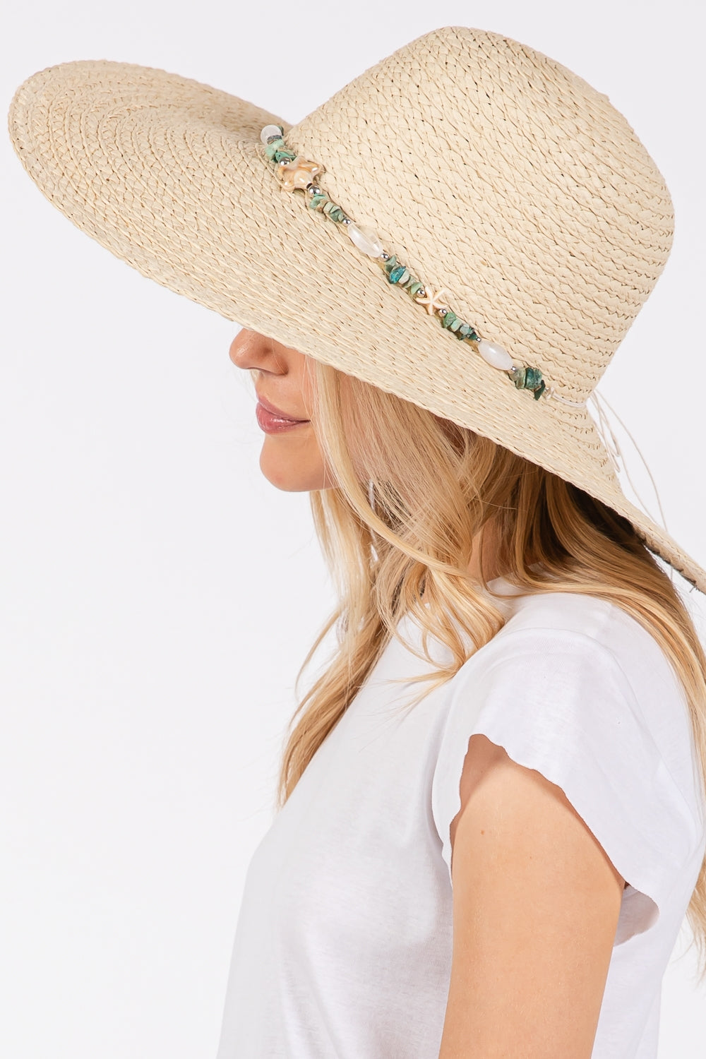 Pack of 6 Beige Wide-Brimmed Floppy Sun Hats with Turquoise Gemstone and Starfish Decorative Band
