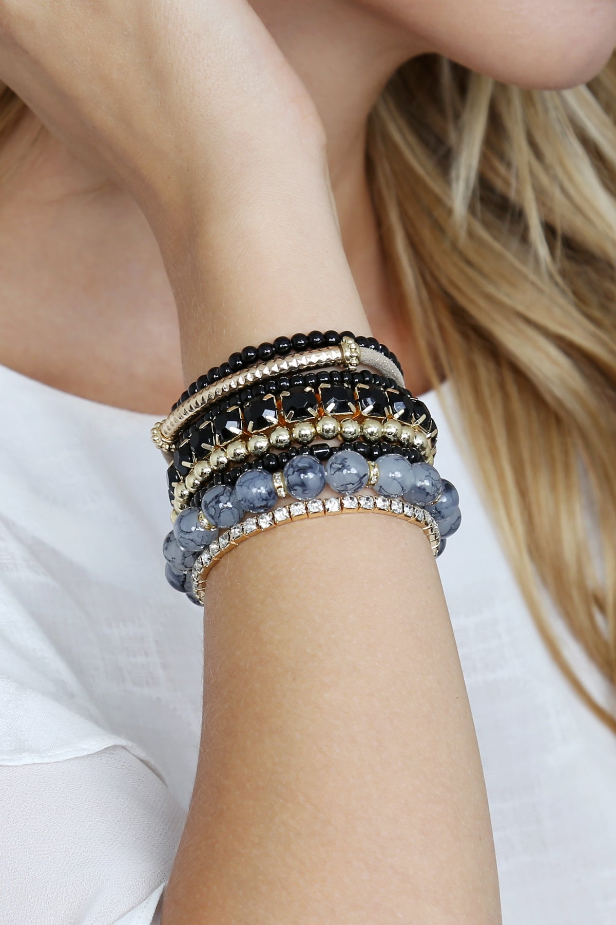 Pack of 6 Black and Multicolor Stretchable Bracelets - Jewelry Accessory