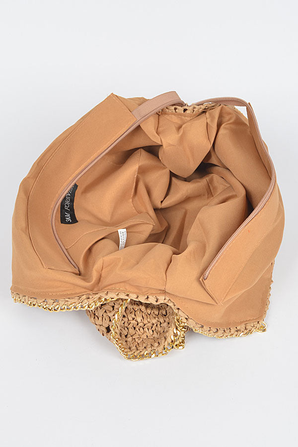 Pack of 3 Faux Straw Chain Tote Bags in Khaki Color (Style 4211)