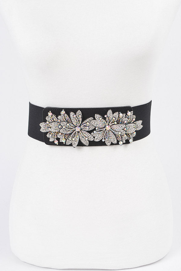 Pack of 6 AB Stone Flower Elastic Belts in Black Color