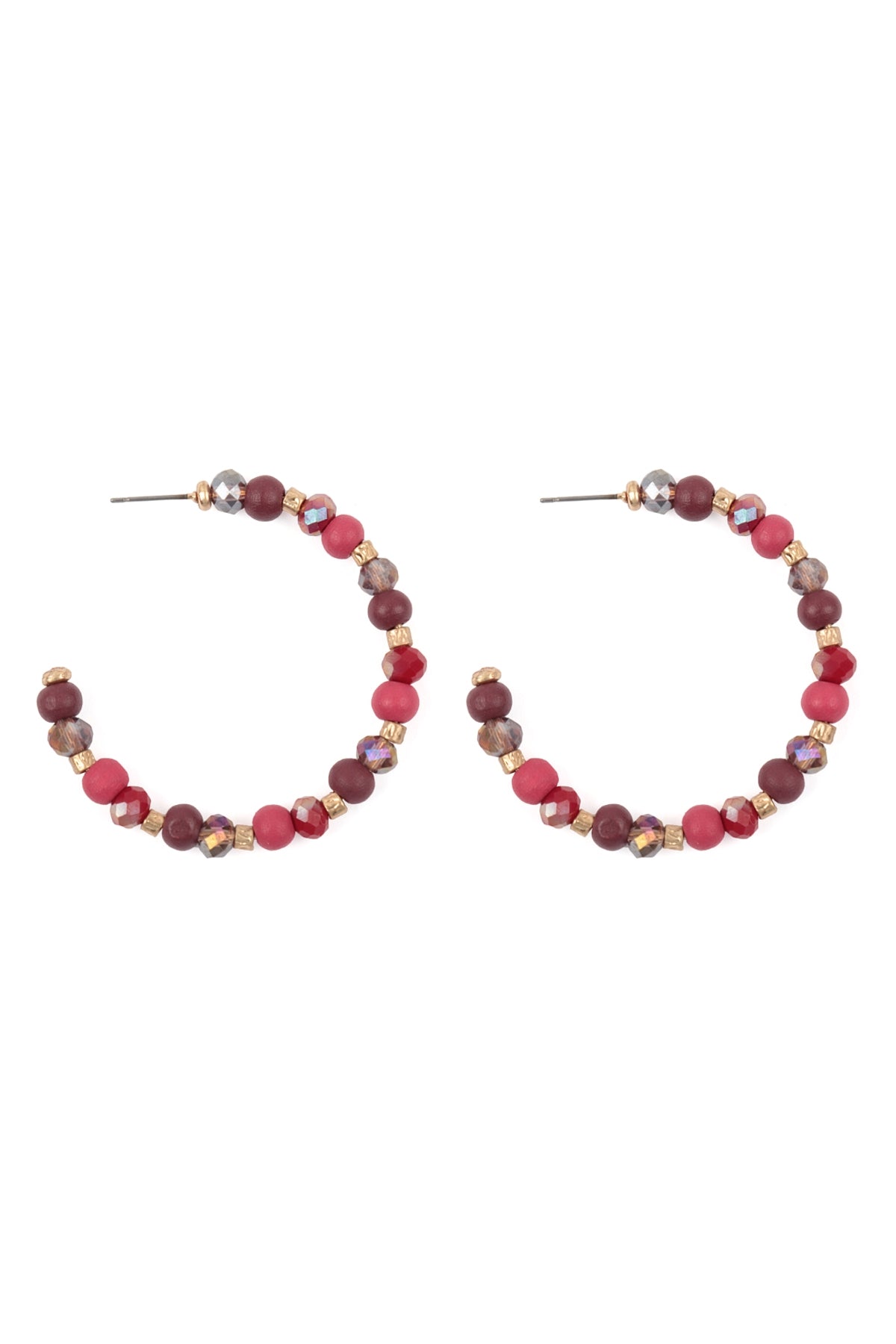 Set of 6 Wine - Colored Wood and Mixed Beads Hoop Earrings for Fashionable Wear