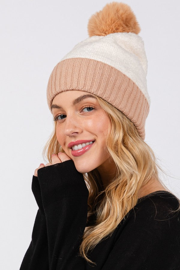 Set of 6 Taupe 5810 Two - Tone Fleeced Pom Pom Beanies