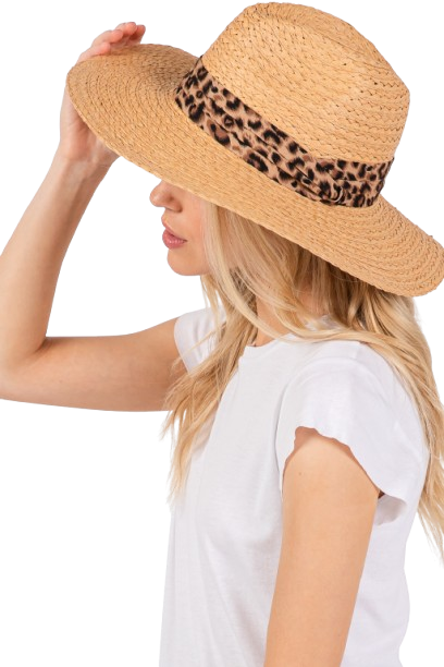 Taupe Leopard Band Straw Sun Hats - Pack of 6