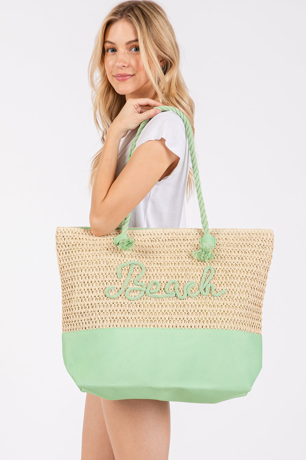 Set of 6 Green Fabric Crochet Tote Bags with Color - Sewn Beach Letters and Straps