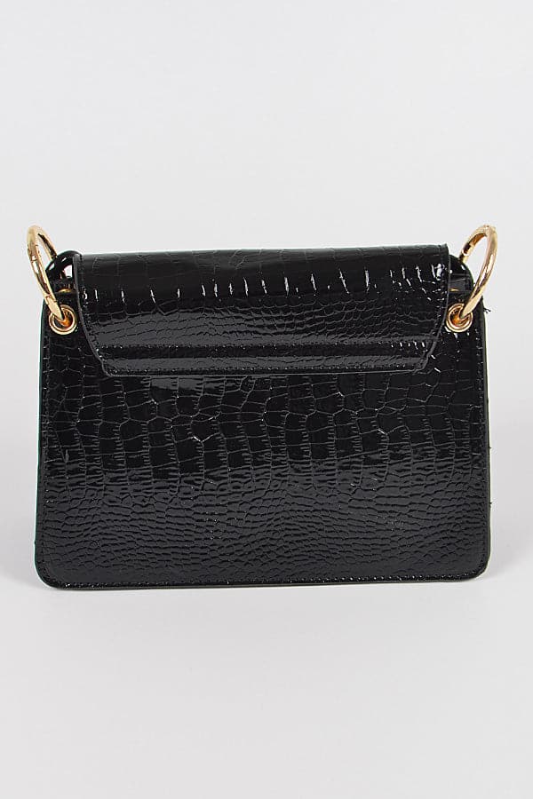 Set of 3 Shiny Black Faux Croc Plastic Chain Clutches - 8543