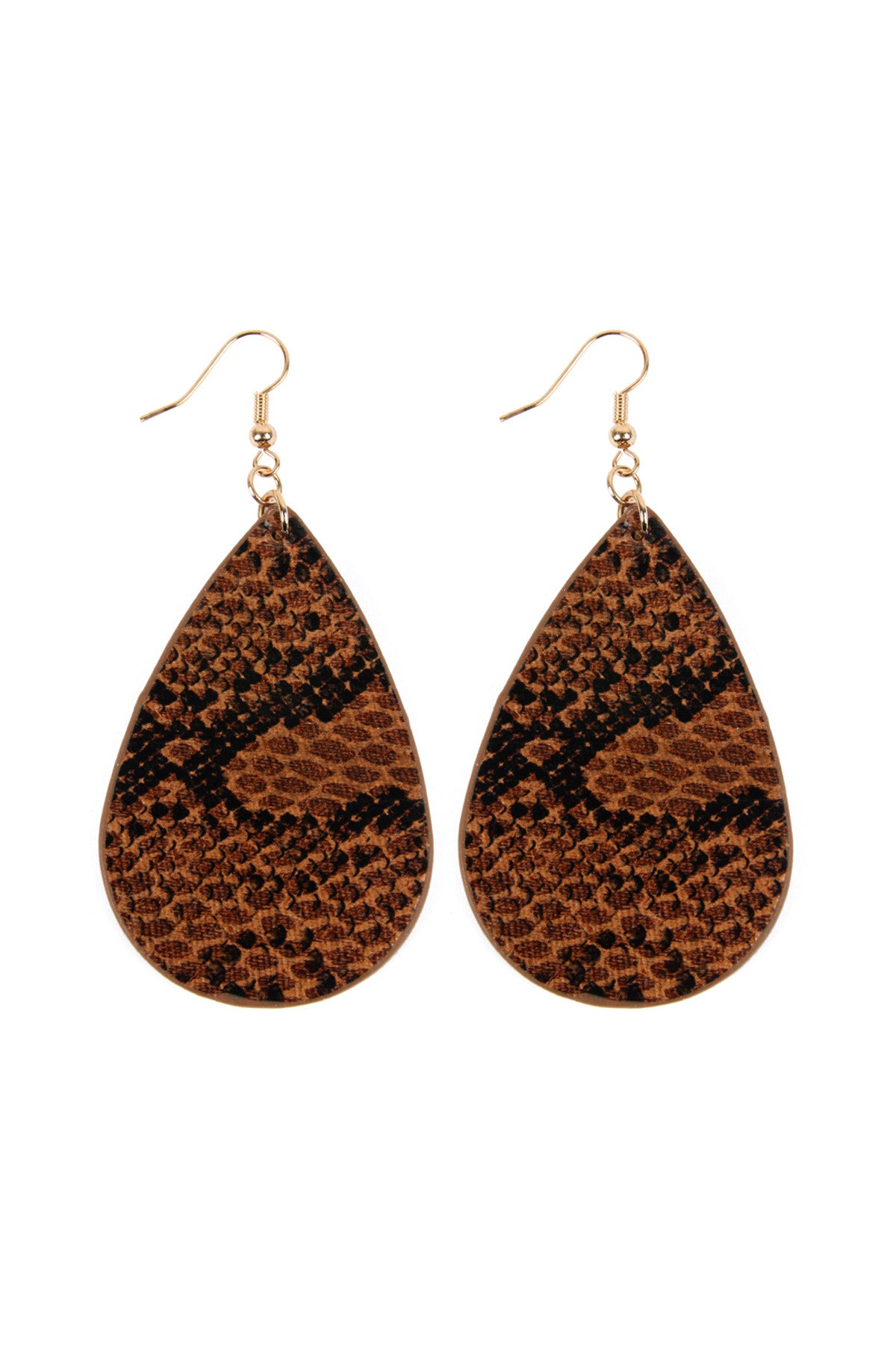 Set of 6 Brown Teardrop Leather Earrings with Snake Skin Design