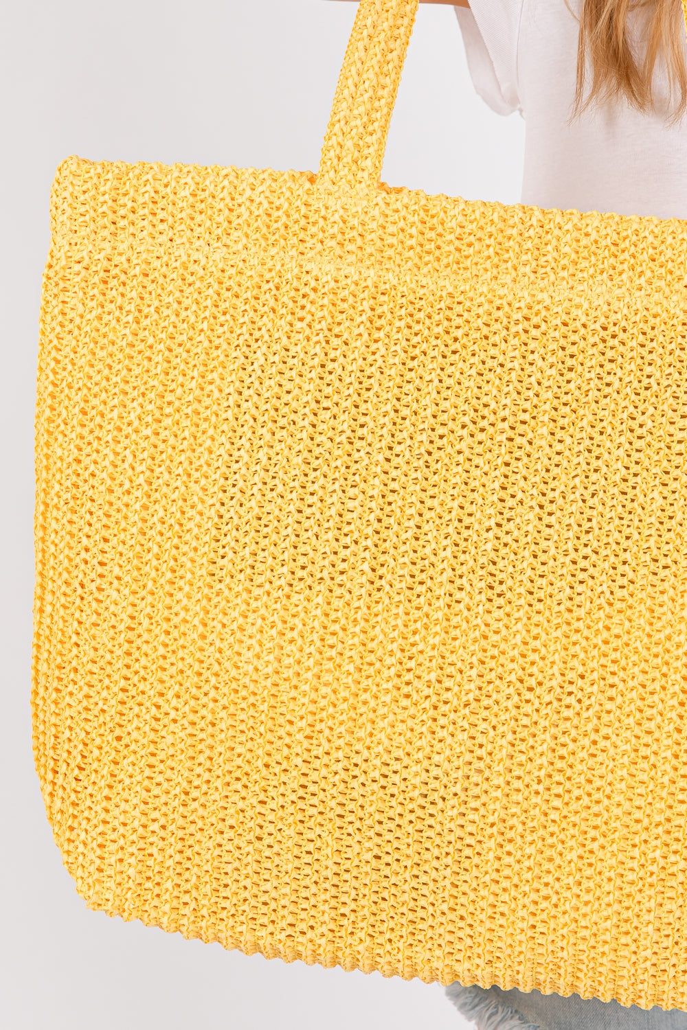 Set of 6 Yellow Solid Crochet Straw Bags with Zipper Closure and Inner Pocket for Daily Use