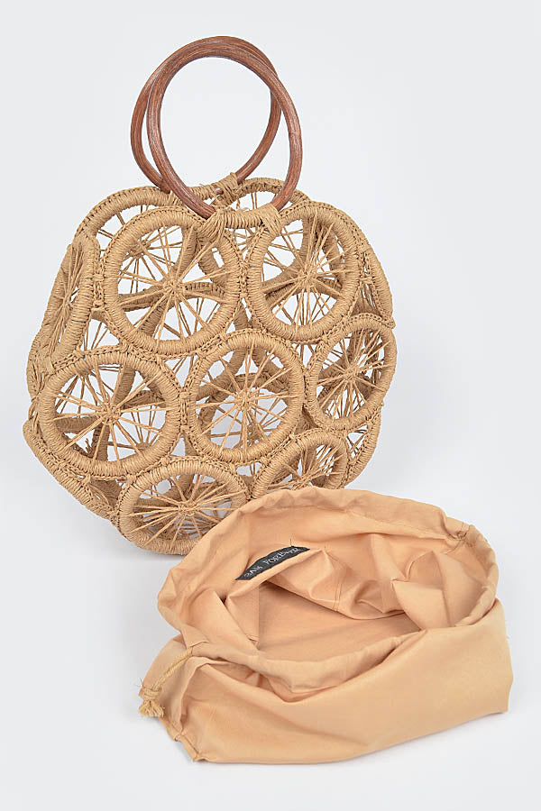 Set of 3 Elegant 1801 White Faux Straw Round Tote Bags