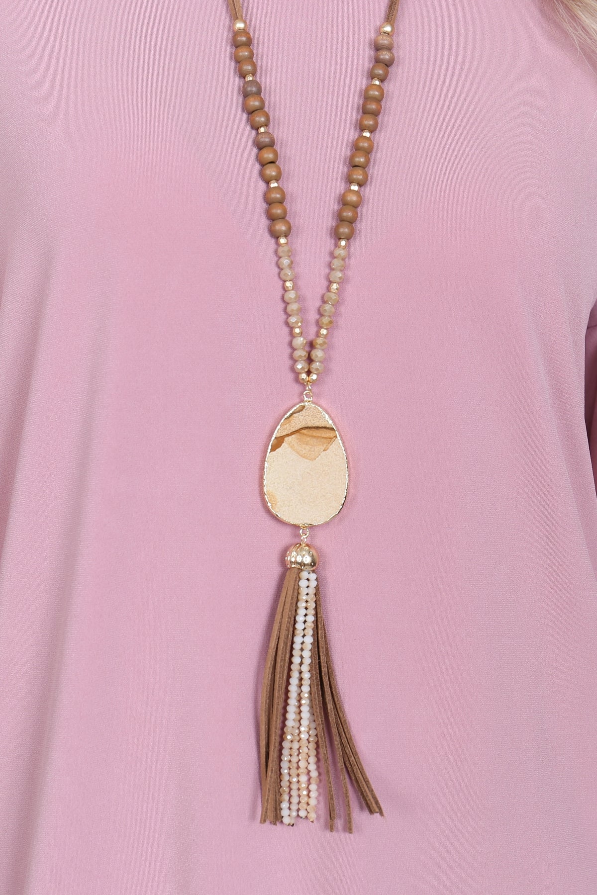 Set of 6 Light Brown Natural Stone Necklaces with Tassel Pendants - Fashion Jewelry