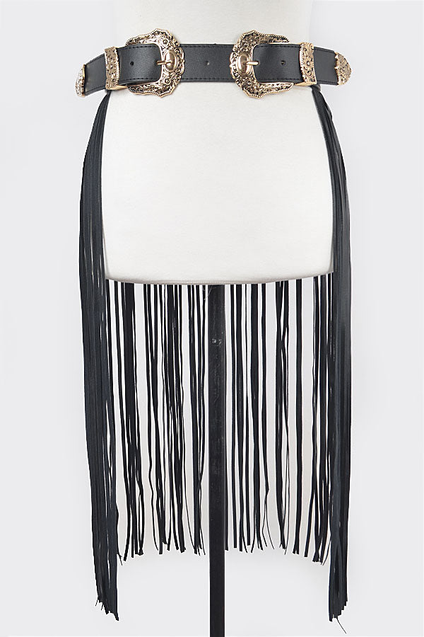 Set of 6 Double Buckle Curtain Fringe Belts in Black with Burnished Gold Finish