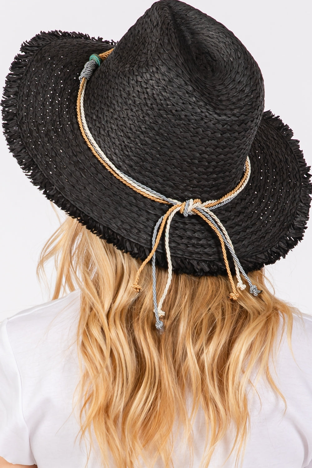 Set of 6 Black Frayed Straw Sun Hats with Braided Starfish Bands