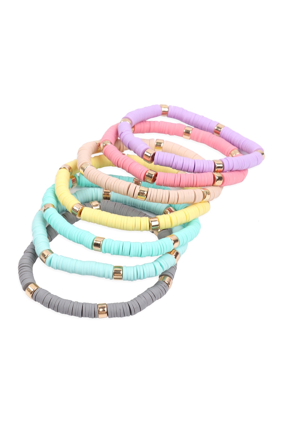 6 - Piece Pastel Multi - Color Stretch Bracelet Set Made of Faux Leather with Multiple Lines and Beads