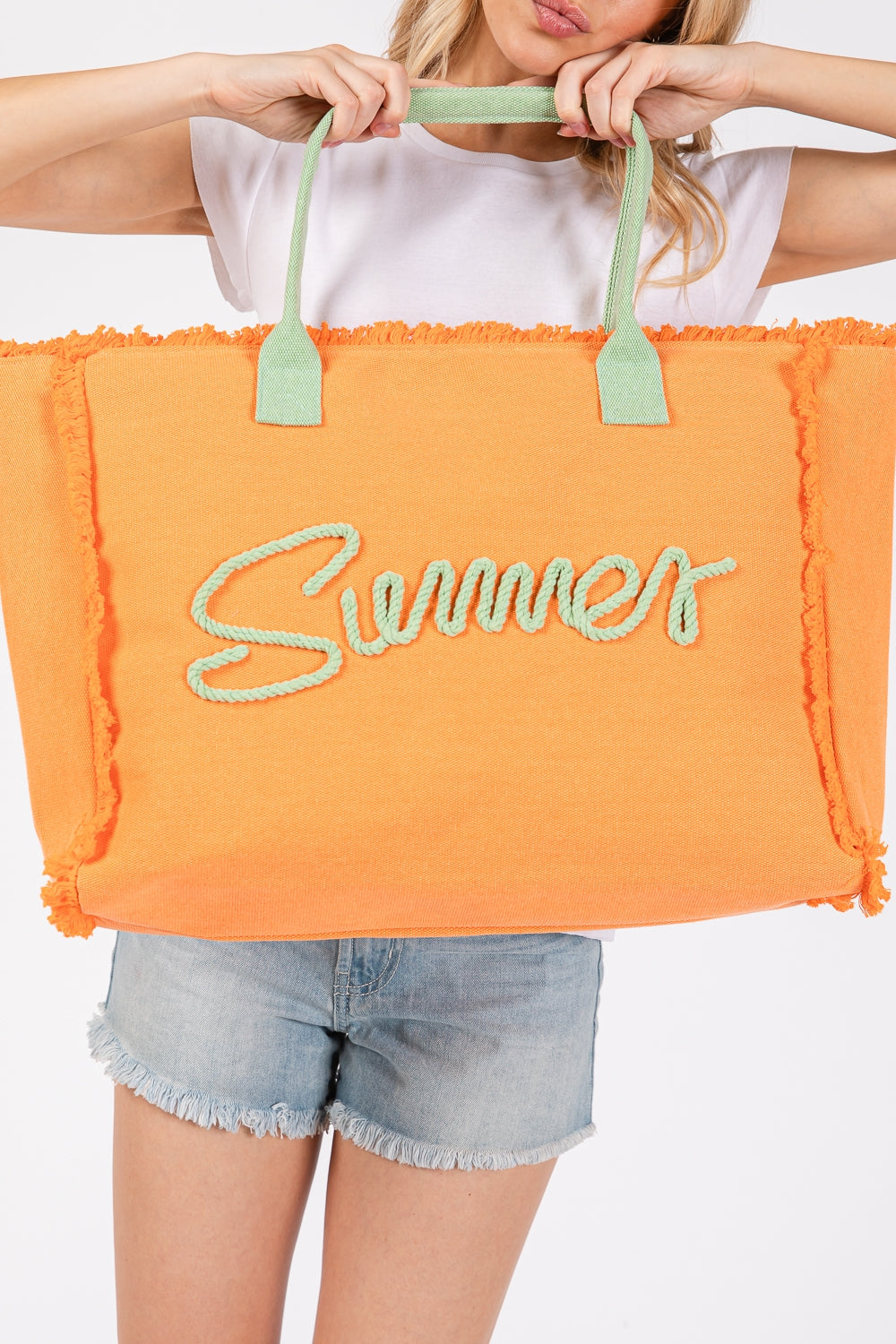 Orange Summer Fringed Canvas Bag with Zipper and Inner Pocket - Pack of 6