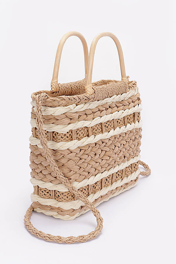 3-Piece Set of 2536 Khaki Faux Straw Two - Tone Tote Bags