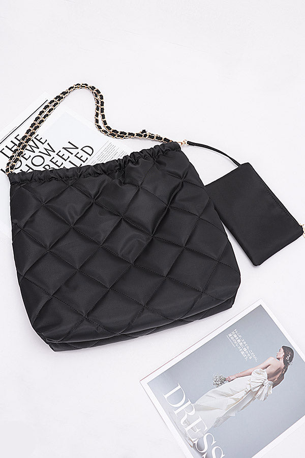Set of 3 Quilted Padding Nylon Metal Chain Shoulder Bags in Black Color - Style 1511