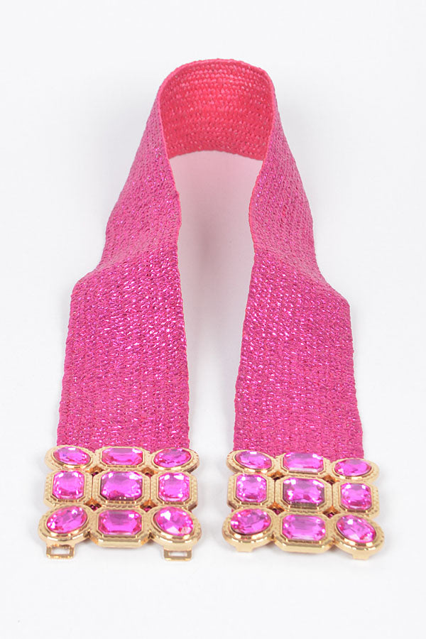 Pack of 6 Multi - Stone Metallic Straw Stretch Belts in Fuchsia Color 4578
