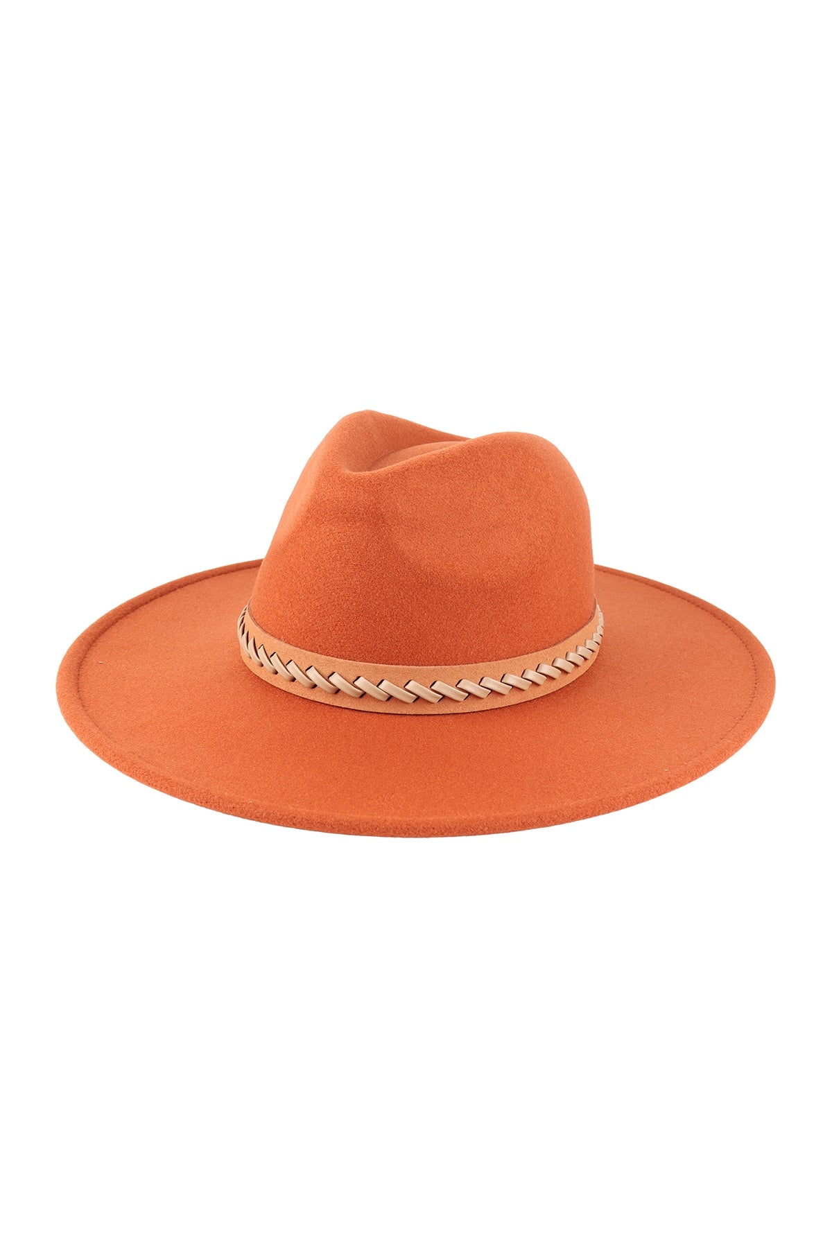 Fashionable Felt Brimmed Hat with Leather Braided Design in Camel Color - Pack of Six Pieces