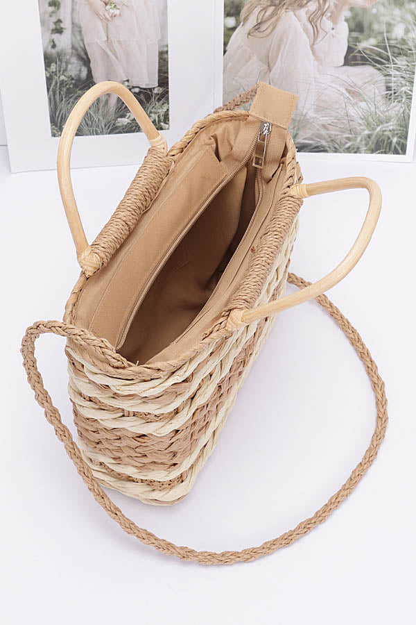 3-Piece Set of 2536 Khaki Faux Straw Two - Tone Tote Bags