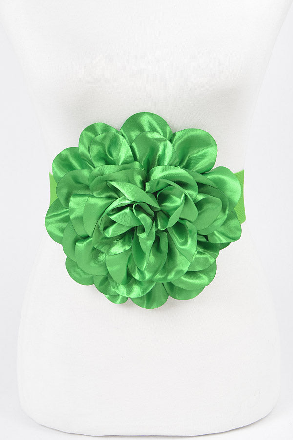 Pack of 6 Satin Big Flower Elastic Belts in Green