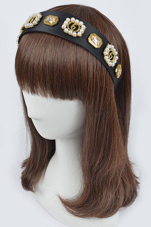 Black Plastic Hairband Set with Imitation Gemstones - Pack of 6
