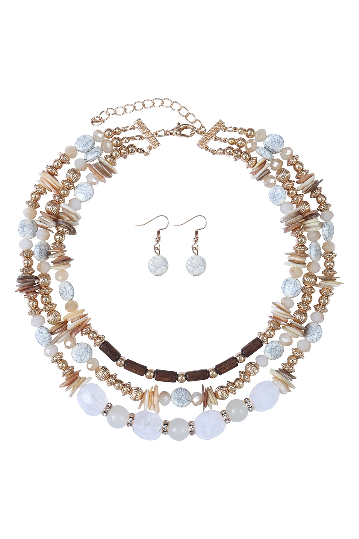 6-Piece Set: 3-Layered Natural Stone Mixed Beads Necklace and Earrings